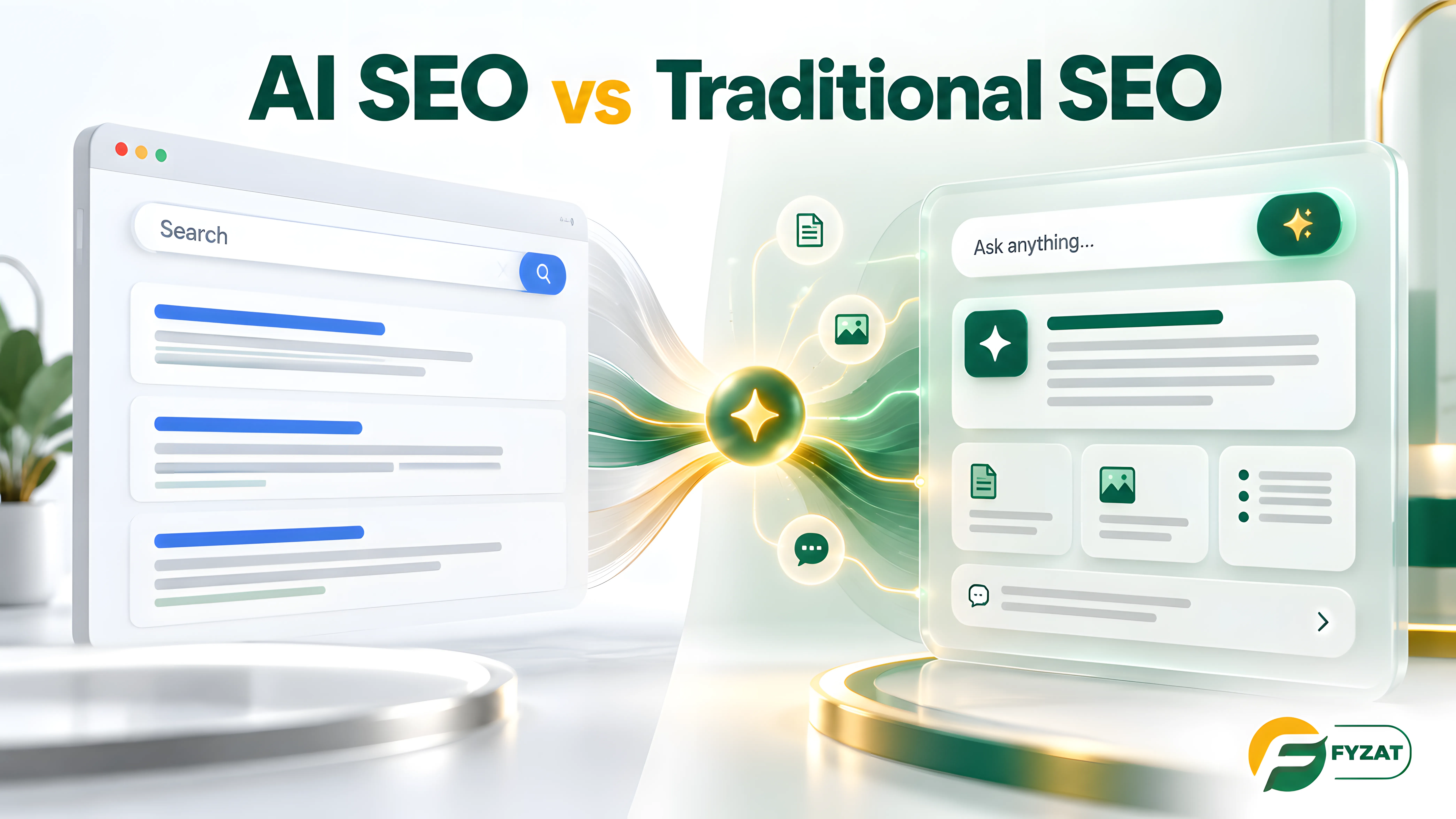 Comparison between traditional search results and AI-powered search for Fyzat