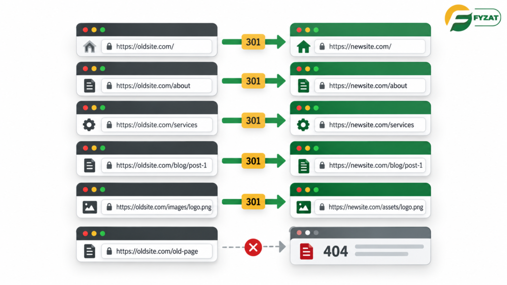 Old and new website URLs connected with 301 redirects