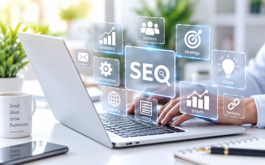 digital marketing seo strategy with analytics, optimization, audience targeting and backlinks